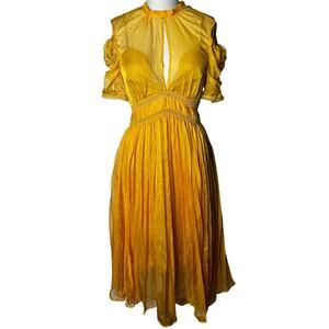 Self-Portrait Cold Shoulder Mustard Yellow Pleated Chiffon Dress Size 4